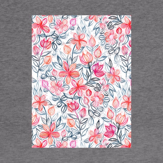 Coral and Grey Candy Striped Crayon Floral by micklyn